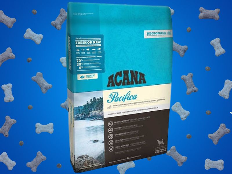 Acana Pacifica Hrana na plavoj pozadini sa grafikom granula u pozadini