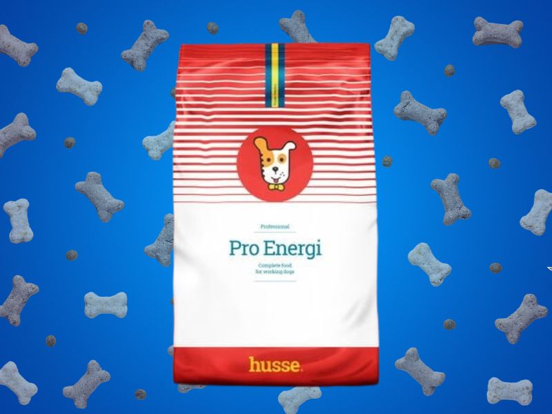 Husse Pro Energy hrana za pse na plavoj pozadini sa grafikonima granula