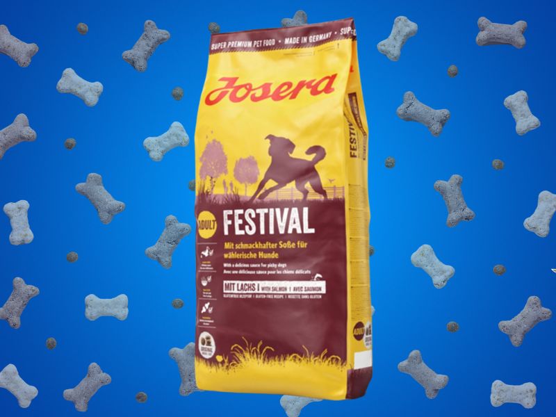 Josera Festival hrana za pse na plavoj pozadini sa grafikom granula