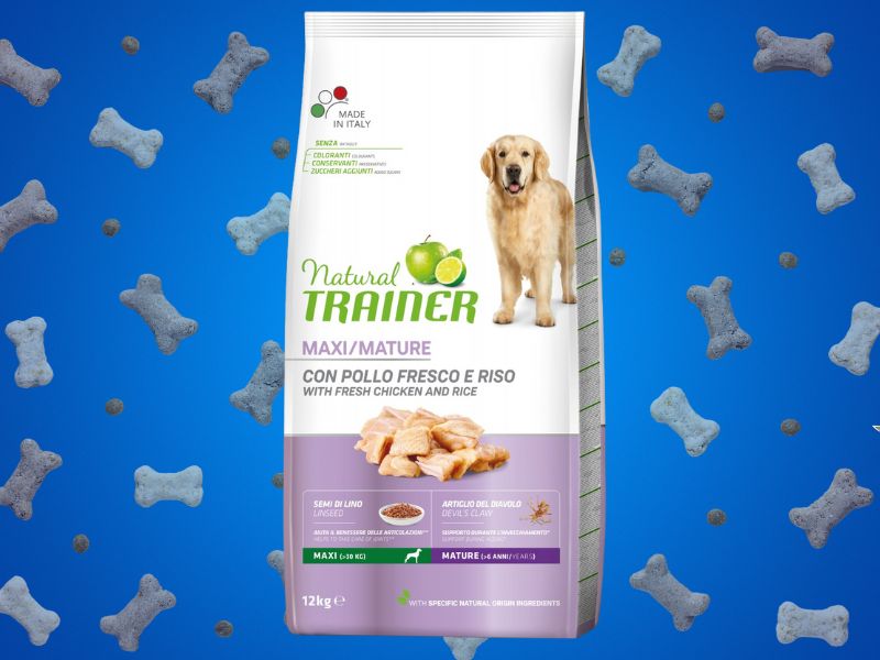 Trainer Natural Mature Maxi Chicken hrana za pse na plavoj pozadini sa grafikom granula