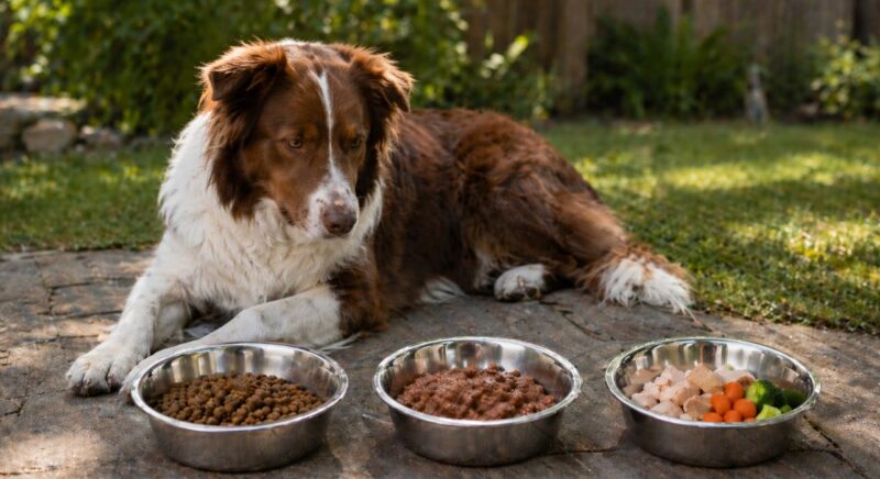 Pas koji leži ispred suve, vlažne i domaće hrane za pse